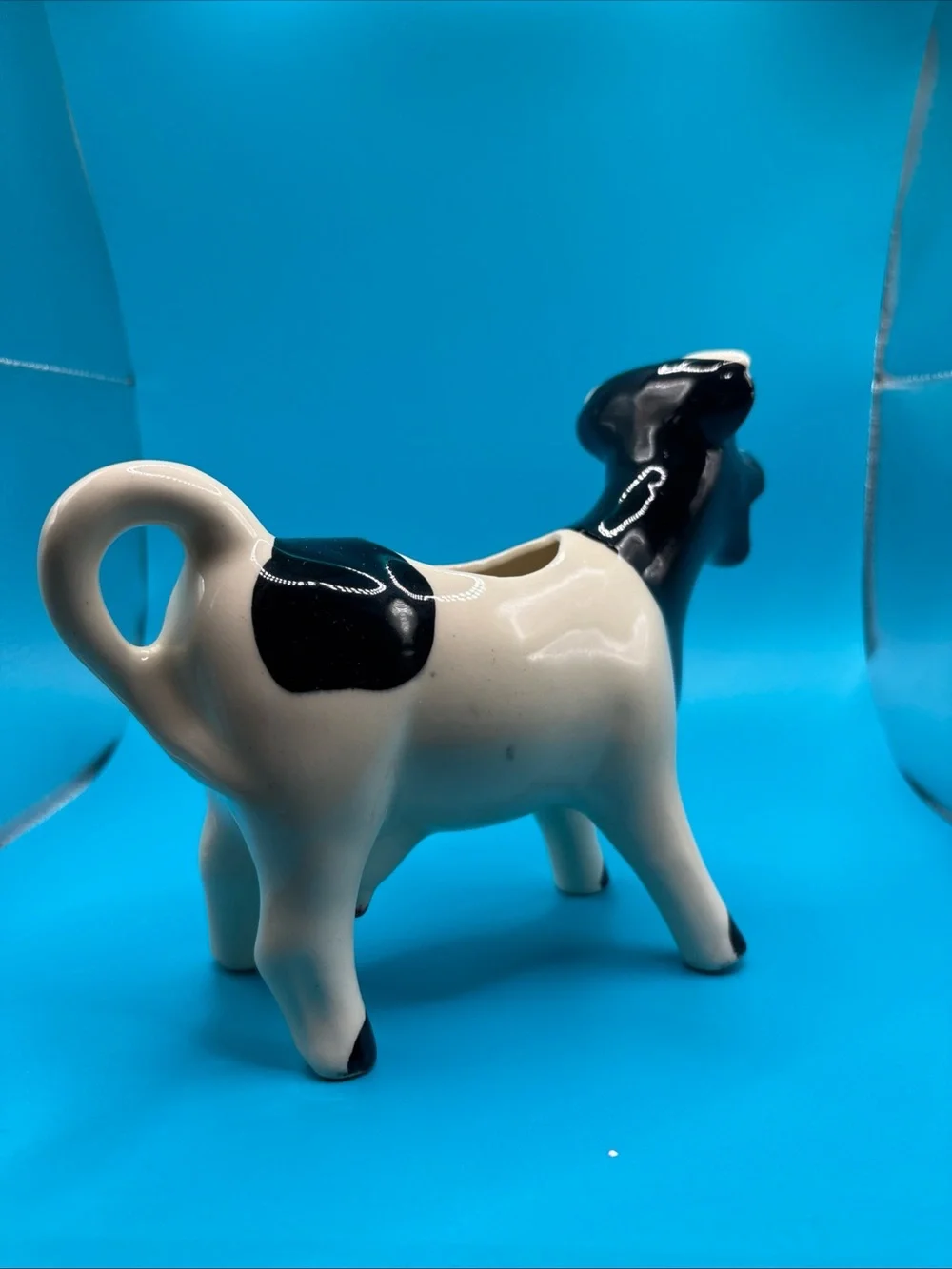 Glossy Black & White Ceramic Cow Creamer Figurine